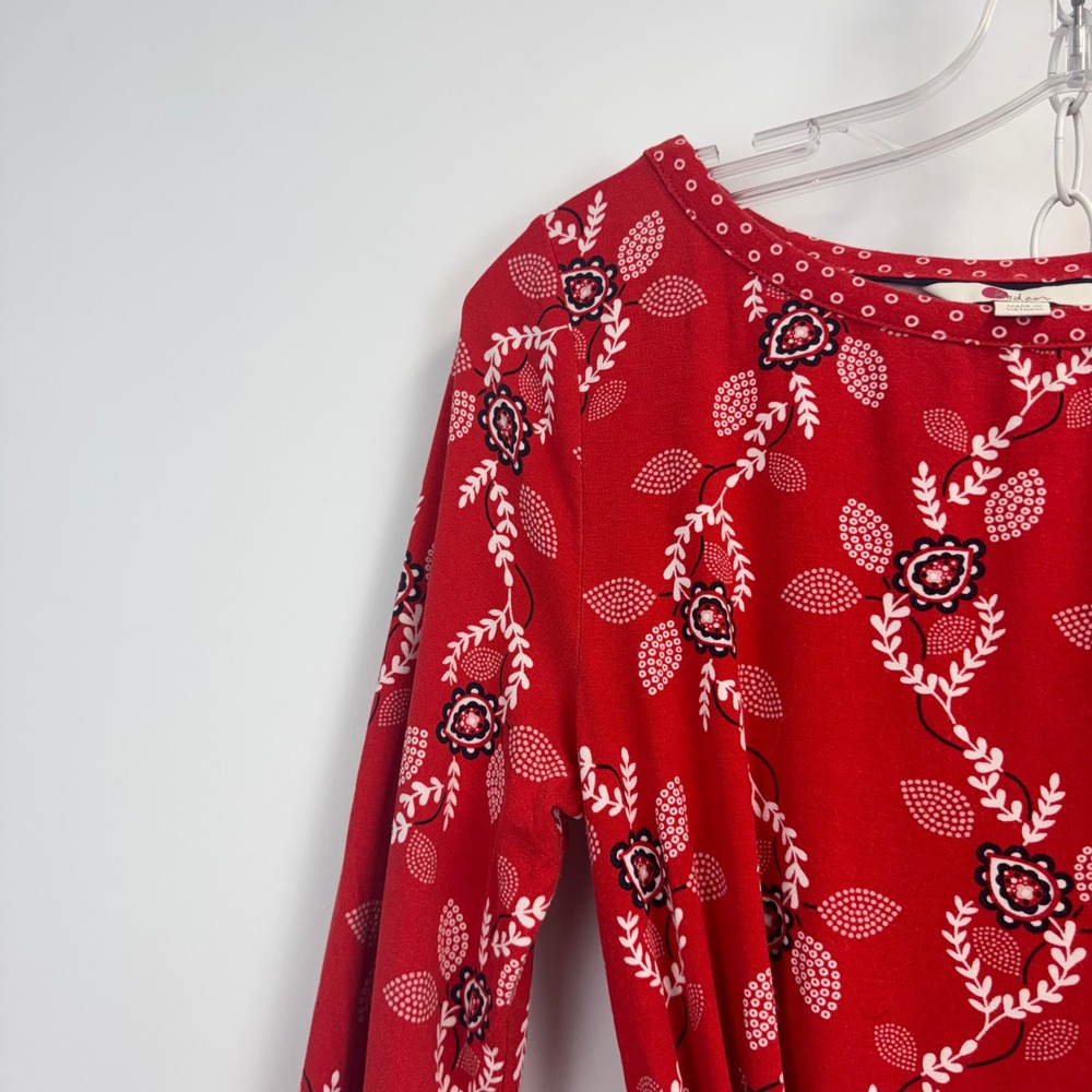 Boden Red Floral Jersey Long Sleeve Belted Mini Dress US 6R UK‎ 10R J0462 - Picture 6 of 11